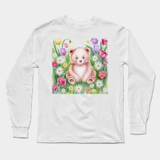 Teddy Bear in Garden -Painting Long Sleeve T-Shirt